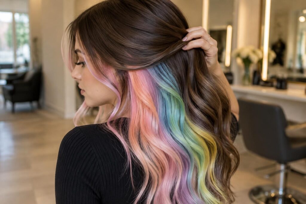 découvrez des idées de couleur de cheveux arc-en-ciel : teinture pastel, mèches cachées et inspirations originales pour un look coloré.