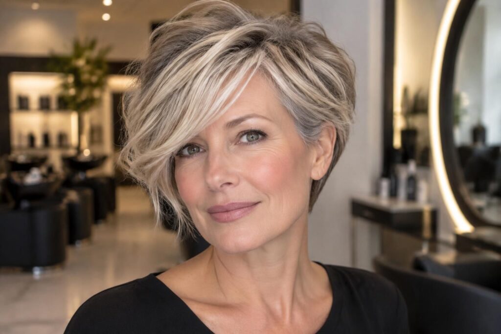 illuminez vos cheveux gris courts avec des mèches blondes et un balayage subtil, pour un résultat naturel, lumineux et plein de dimension.