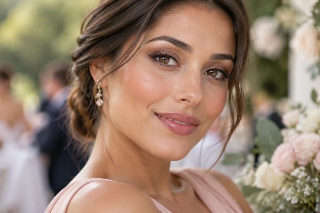 découvrez des idées faciles de maquillage pour un mariage : un teint lumineux et des astuces pour mettre en valeur les yeux marrons quand on est invitée.
